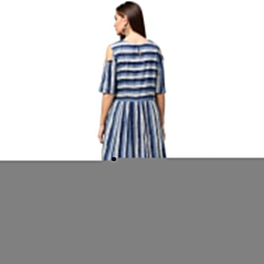 Blue Printed Short Sleeve Cold Shoulder A-Line Kurta | LASVINI - Redefining Indian Fashion with Elegance