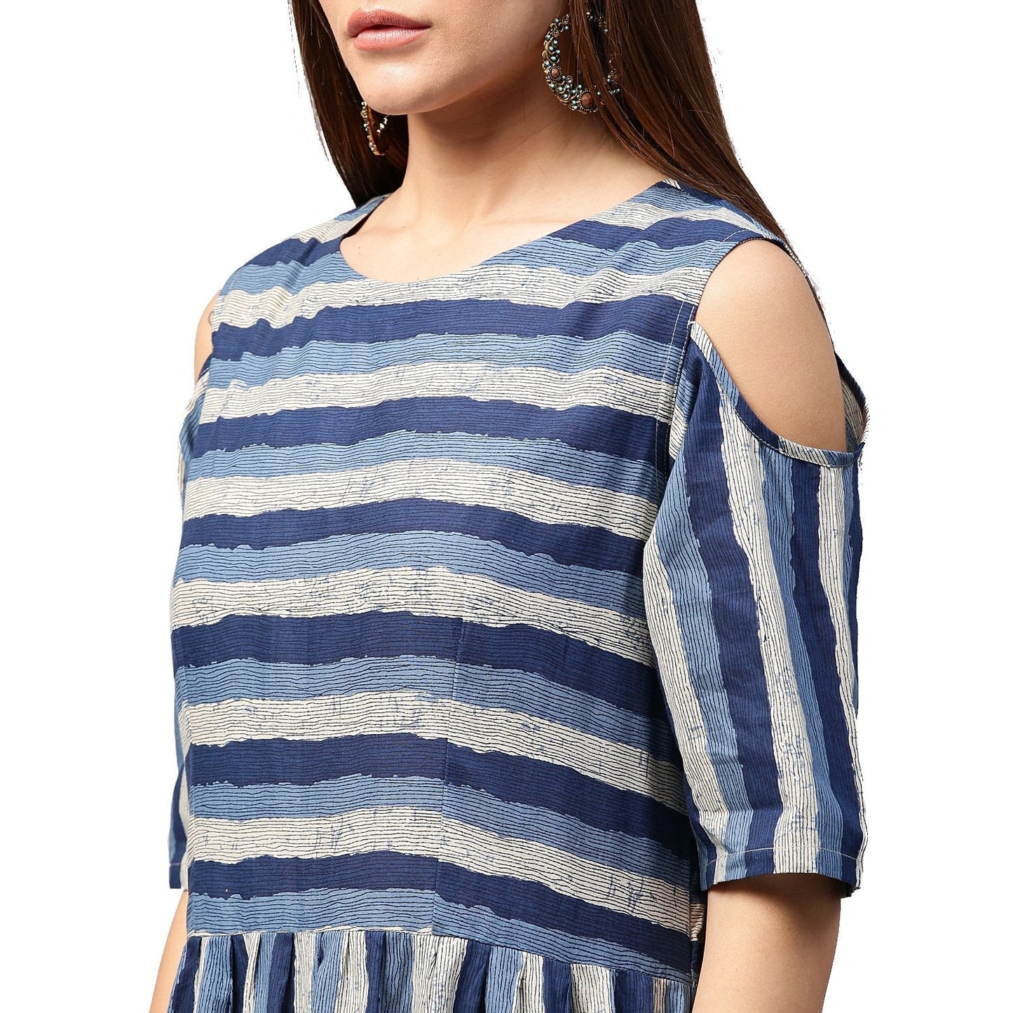 Blue Printed Short Sleeve Cold Shoulder A-Line Kurta | LASVINI - Redefining Indian Fashion with Elegance