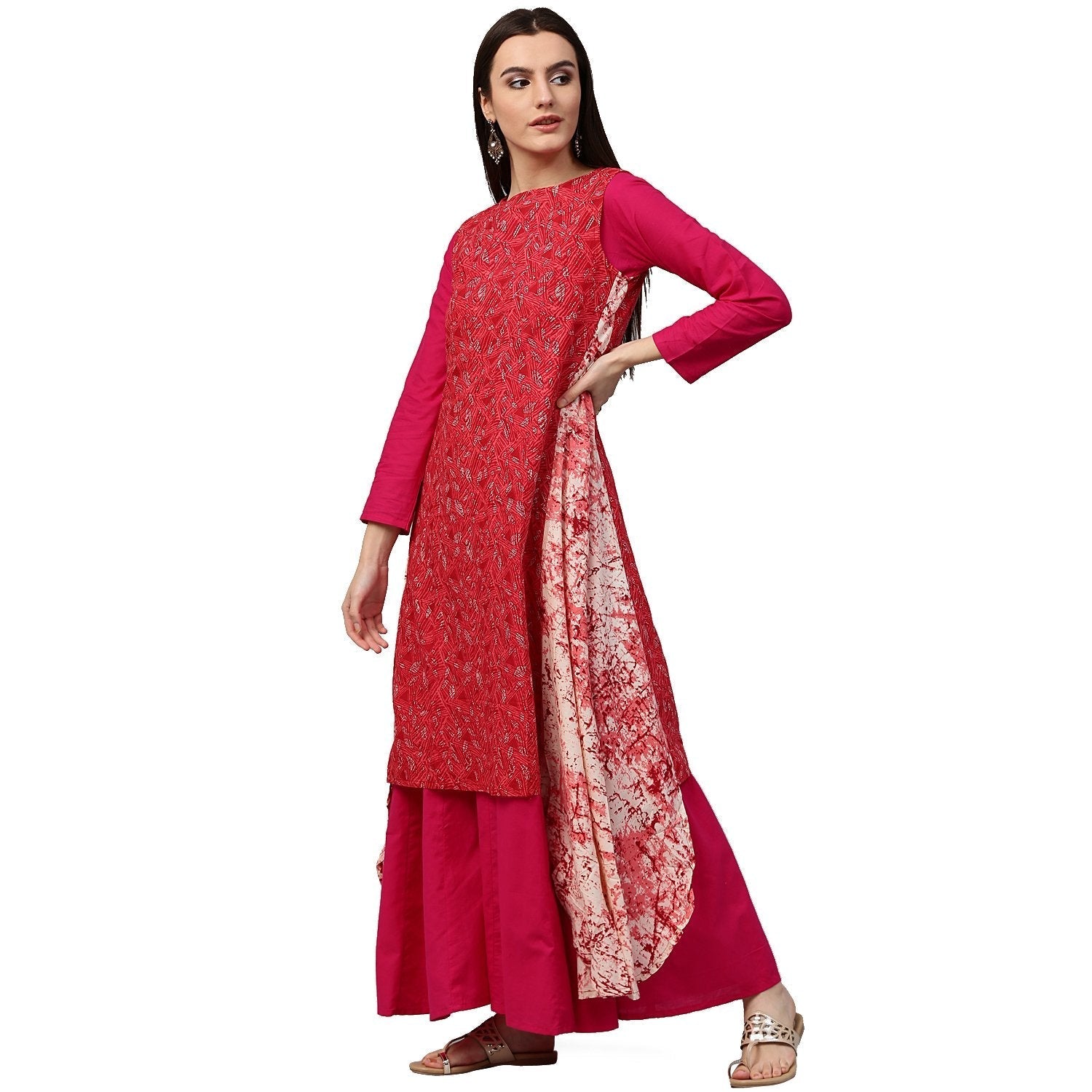 Red Printed Sleeveless Cotton Assymetric Kurta | LASVINI - Redefining Indian Fashion with Elegance