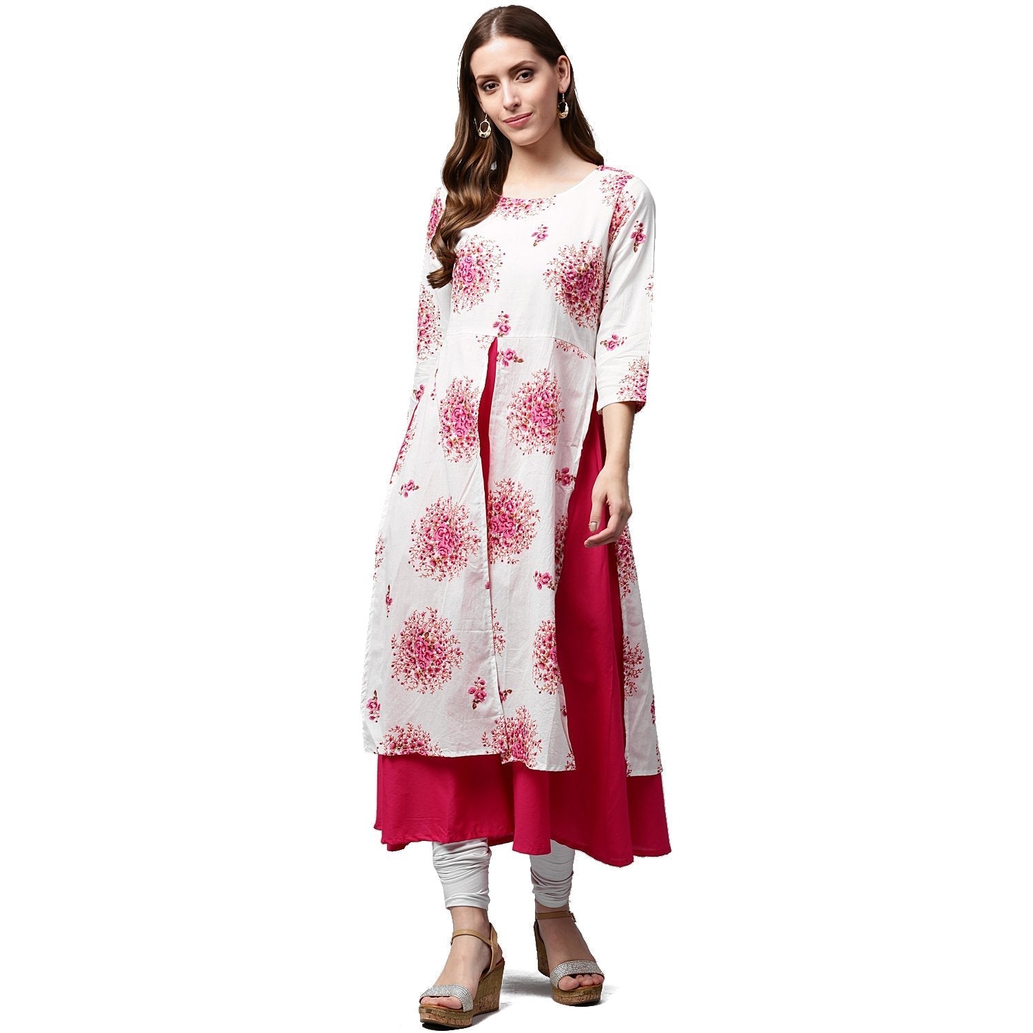 White Printed 3/4Th Sleeve Cotton Double Layer Kurta | LASVINI - Redefining Indian Fashion with Elegance