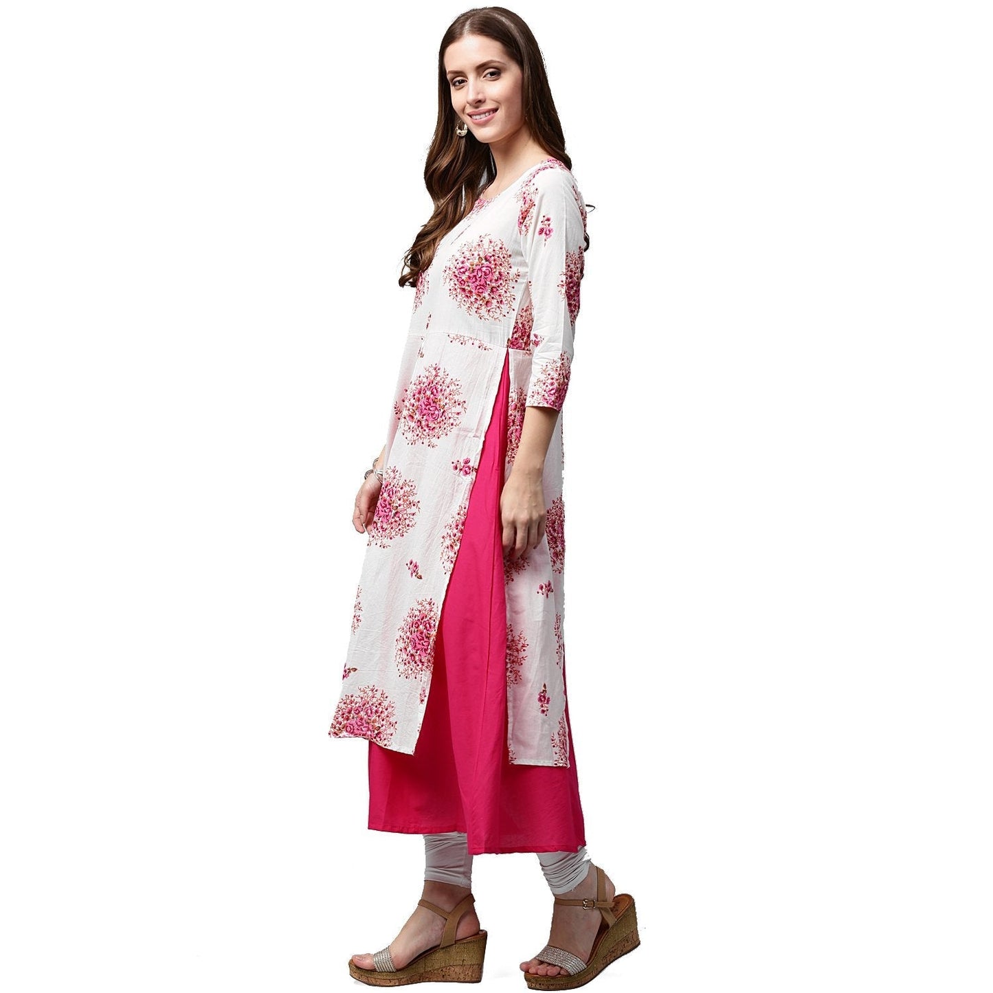 White Printed 3/4Th Sleeve Cotton Double Layer Kurta | LASVINI - Redefining Indian Fashion with Elegance