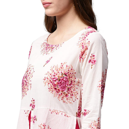 White Printed 3/4Th Sleeve Cotton Double Layer Kurta | LASVINI - Redefining Indian Fashion with Elegance