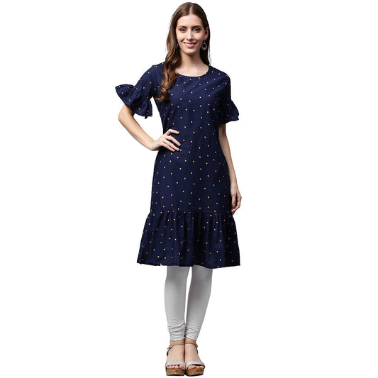 Blue Printed Half Sleeve Cotton A-Line Kurta | LASVINI - Redefining Indian Fashion with Elegance