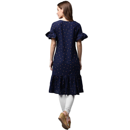Blue Printed Half Sleeve Cotton A-Line Kurta | LASVINI - Redefining Indian Fashion with Elegance