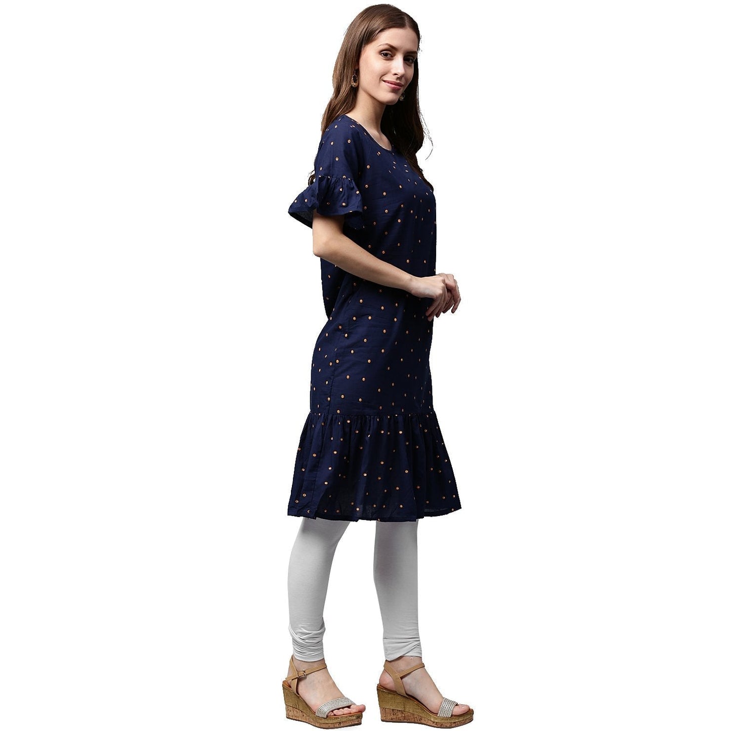 Blue Printed Half Sleeve Cotton A-Line Kurta | LASVINI - Redefining Indian Fashion with Elegance