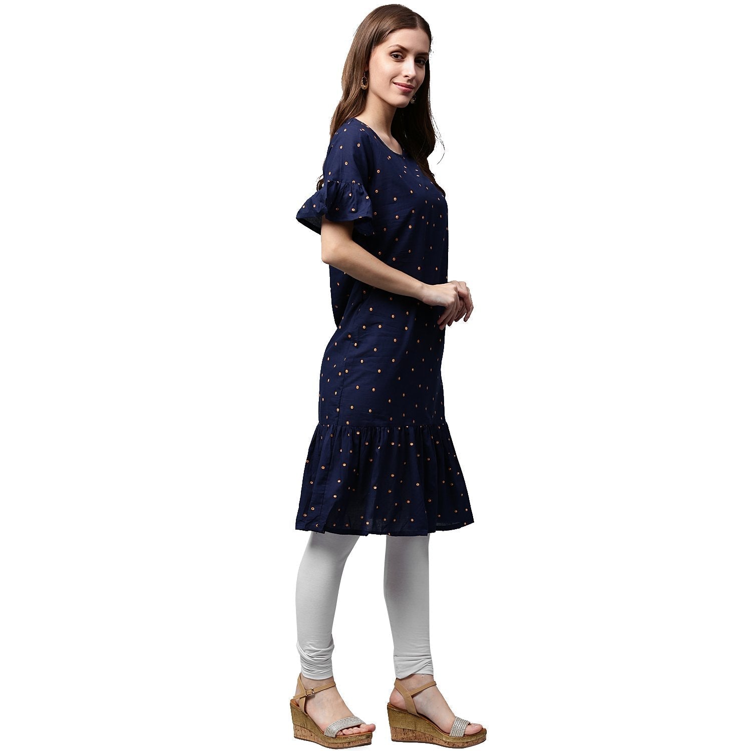 Blue Printed Half Sleeve Cotton A-Line Kurta | LASVINI - Redefining Indian Fashion with Elegance