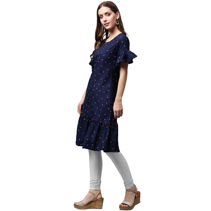 Blue Printed Half Sleeve Cotton A-Line Kurta | LASVINI - Redefining Indian Fashion with Elegance