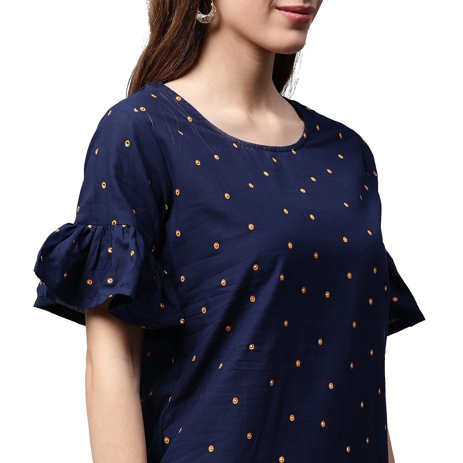 Blue Printed Half Sleeve Cotton A-Line Kurta | LASVINI - Redefining Indian Fashion with Elegance