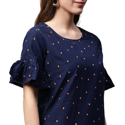 Blue Printed Half Sleeve Cotton A-Line Kurta | LASVINI - Redefining Indian Fashion with Elegance