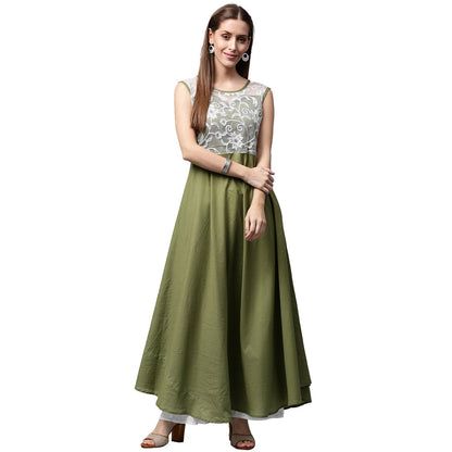 Green Sleeveless Cotton Anarkali Kurta With Net Work At Yoke | LASVINI - Redefining Indian Fashion with Elegance