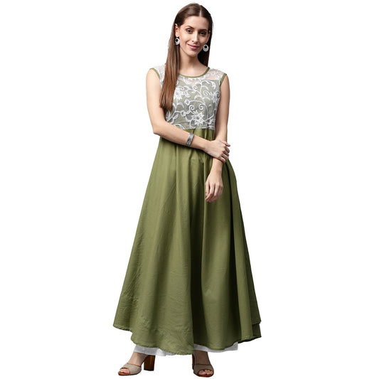 Green Sleeveless Cotton Anarkali Kurta With Net Work At Yoke | LASVINI - Redefining Indian Fashion with Elegance
