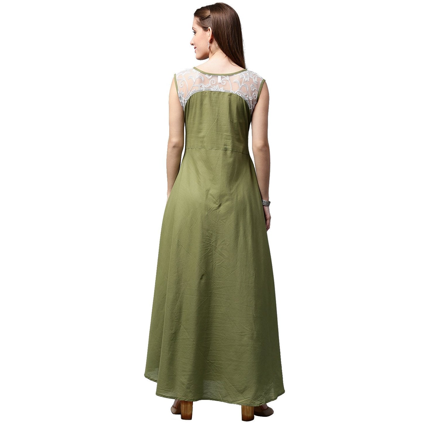 Green Sleeveless Cotton Anarkali Kurta With Net Work At Yoke | LASVINI - Redefining Indian Fashion with Elegance