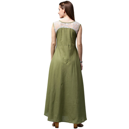 Green Sleeveless Cotton Anarkali Kurta With Net Work At Yoke | LASVINI - Redefining Indian Fashion with Elegance
