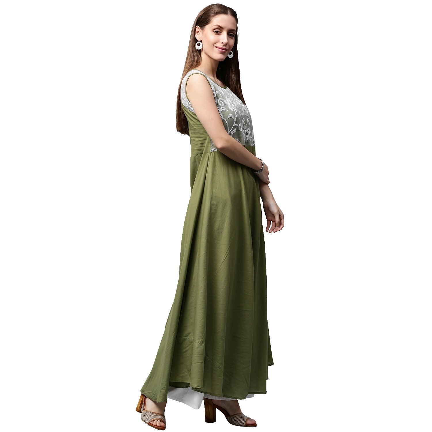 Green Sleeveless Cotton Anarkali Kurta With Net Work At Yoke | LASVINI - Redefining Indian Fashion with Elegance