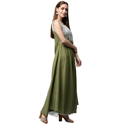 Green Sleeveless Cotton Anarkali Kurta With Net Work At Yoke | LASVINI - Redefining Indian Fashion with Elegance