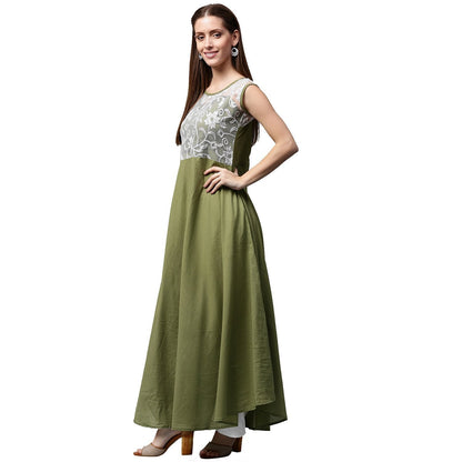 Green Sleeveless Cotton Anarkali Kurta With Net Work At Yoke | LASVINI - Redefining Indian Fashion with Elegance