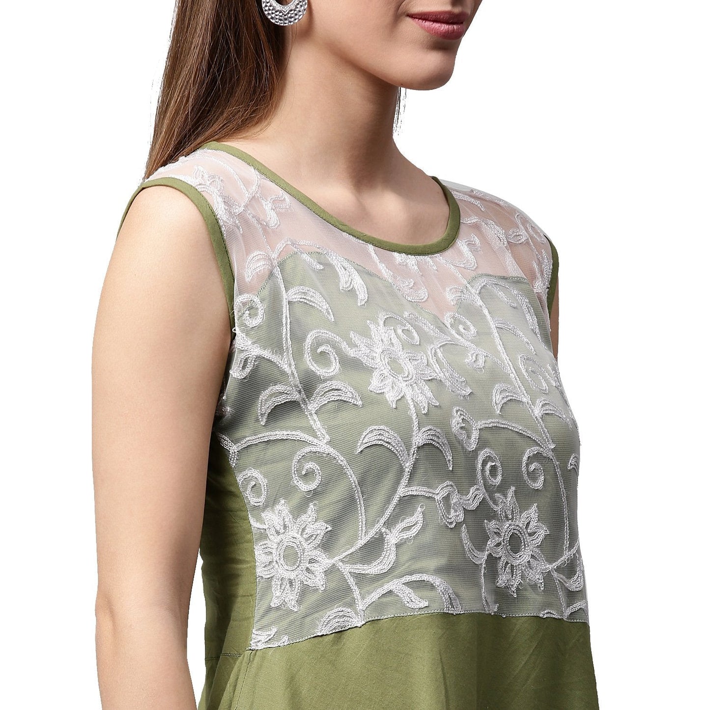 Green Sleeveless Cotton Anarkali Kurta With Net Work At Yoke | LASVINI - Redefining Indian Fashion with Elegance