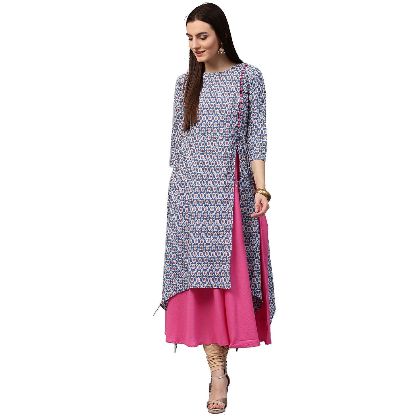 Blue Printed 3/4Th Sleeve Cotton Double Layer Kurta | LASVINI - Redefining Indian Fashion with Elegance