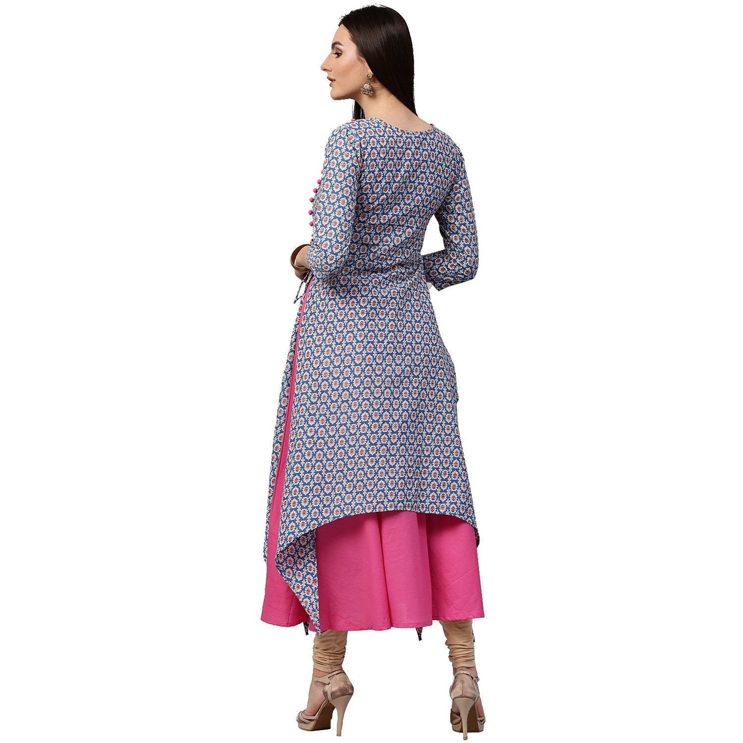 Blue Printed 3/4Th Sleeve Cotton Double Layer Kurta | LASVINI - Redefining Indian Fashion with Elegance