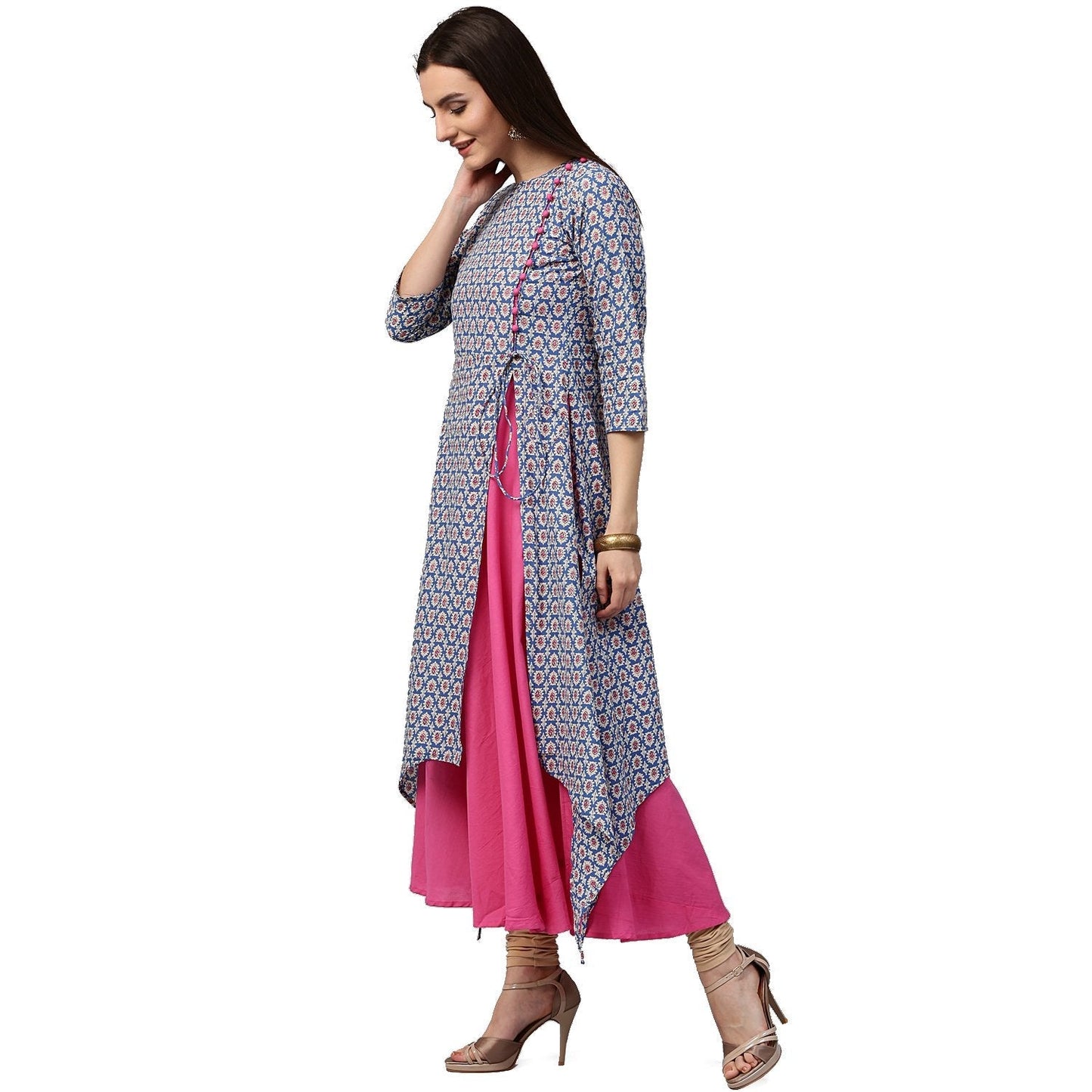 Blue Printed 3/4Th Sleeve Cotton Double Layer Kurta | LASVINI - Redefining Indian Fashion with Elegance