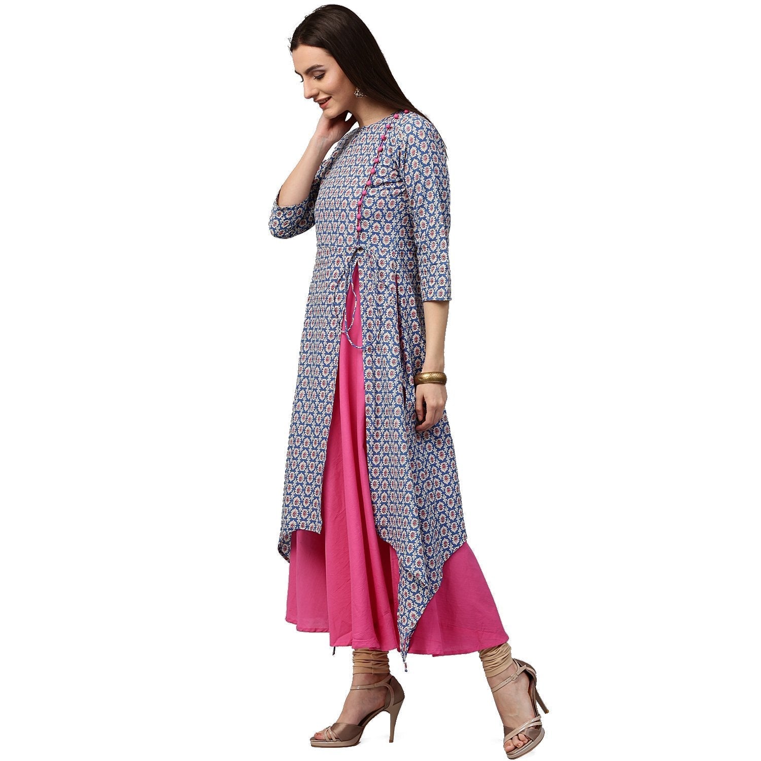 Blue Printed 3/4Th Sleeve Cotton Double Layer Kurta | LASVINI - Redefining Indian Fashion with Elegance