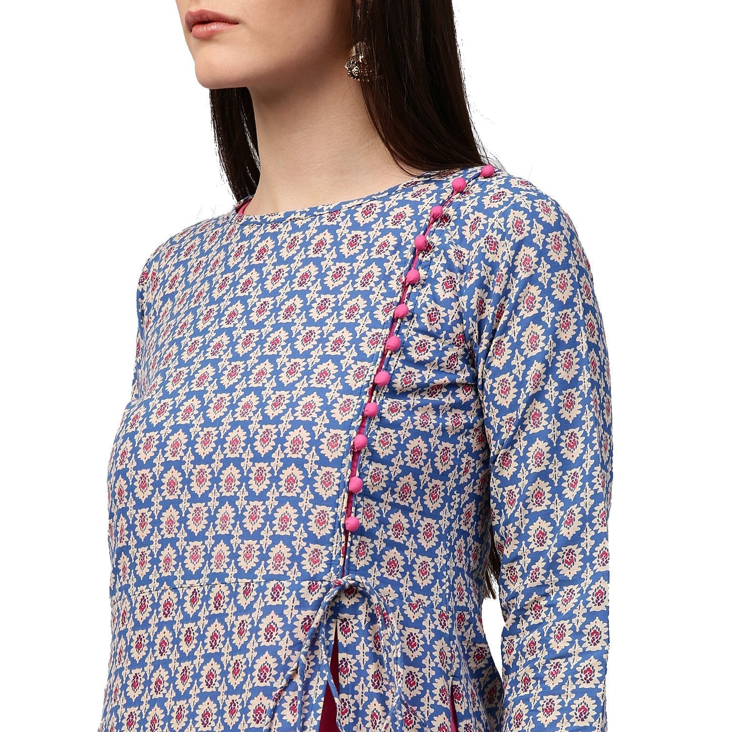 Blue Printed 3/4Th Sleeve Cotton Double Layer Kurta | LASVINI - Redefining Indian Fashion with Elegance