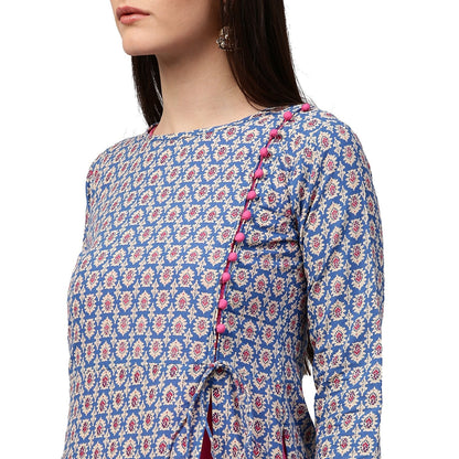 Blue Printed 3/4Th Sleeve Cotton Double Layer Kurta | LASVINI - Redefining Indian Fashion with Elegance