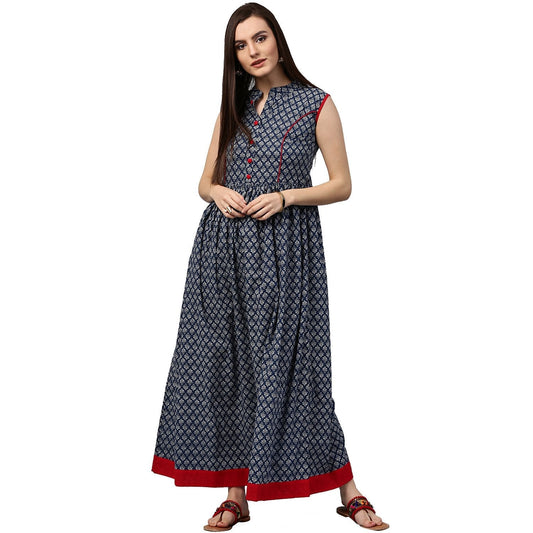 Blue Printed Sleeveless Cotton Anarkali Kurta | LASVINI - Redefining Indian Fashion with Elegance