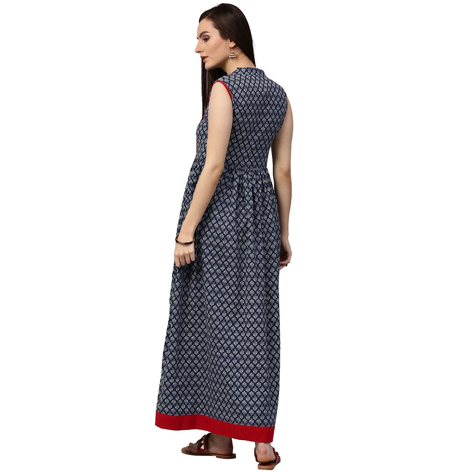 Blue Printed Sleeveless Cotton Anarkali Kurta | LASVINI - Redefining Indian Fashion with Elegance