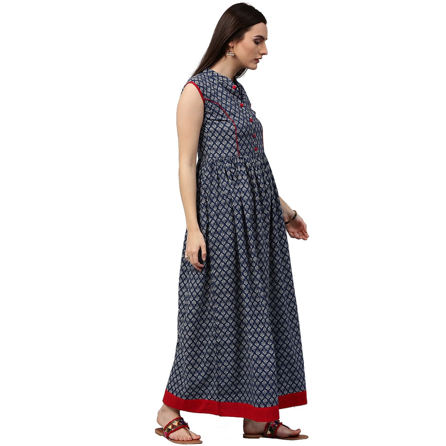 Blue Printed Sleeveless Cotton Anarkali Kurta | LASVINI - Redefining Indian Fashion with Elegance