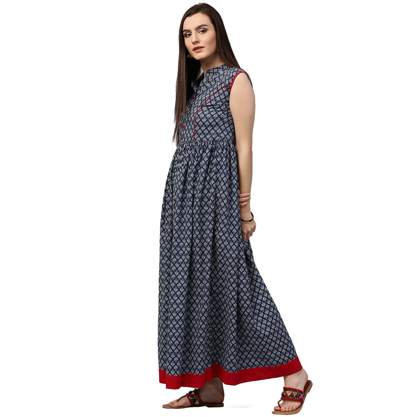 Blue Printed Sleeveless Cotton Anarkali Kurta | LASVINI - Redefining Indian Fashion with Elegance