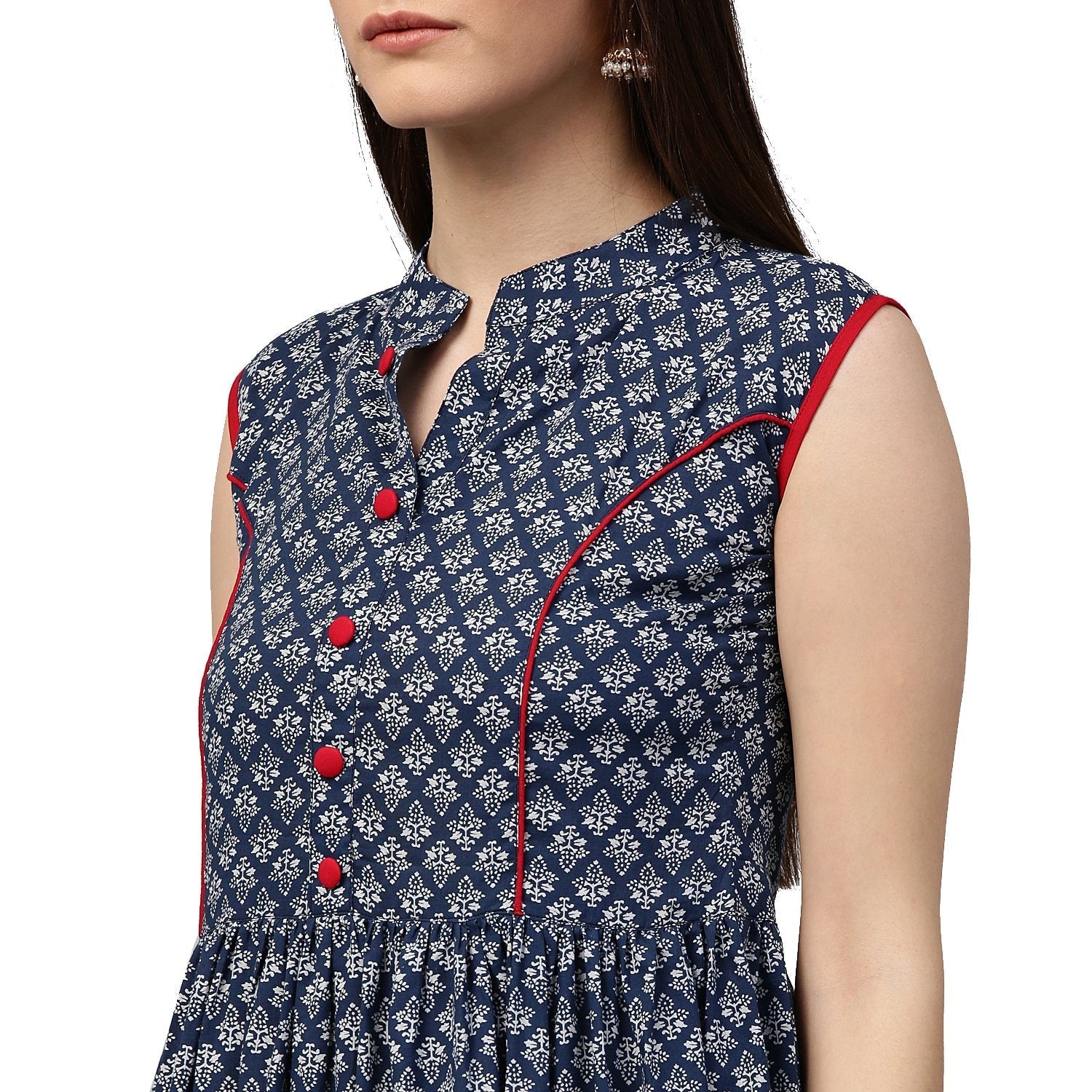 Blue Printed Sleeveless Cotton Anarkali Kurta | LASVINI - Redefining Indian Fashion with Elegance