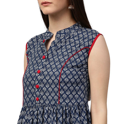 Blue Printed Sleeveless Cotton Anarkali Kurta | LASVINI - Redefining Indian Fashion with Elegance