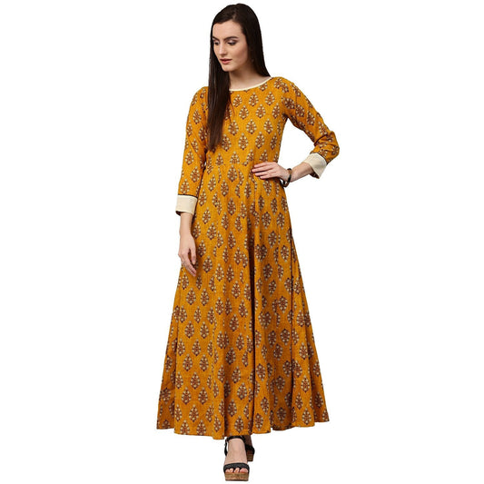 Yellow Printed 3/4Th Sleeve Cotton A-Line Kurta | LASVINI - Redefining Indian Fashion with Elegance