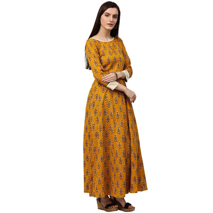 Yellow Printed 3/4Th Sleeve Cotton A-Line Kurta | LASVINI - Redefining Indian Fashion with Elegance