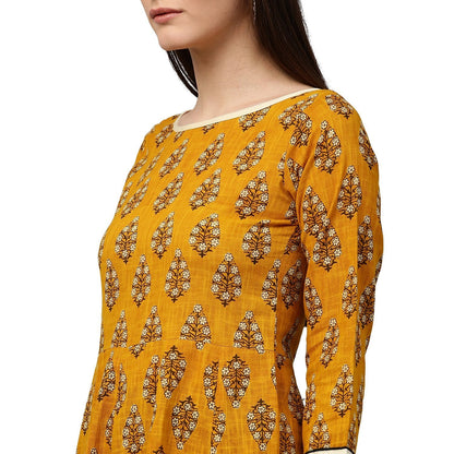 Yellow Printed 3/4Th Sleeve Cotton A-Line Kurta | LASVINI - Redefining Indian Fashion with Elegance