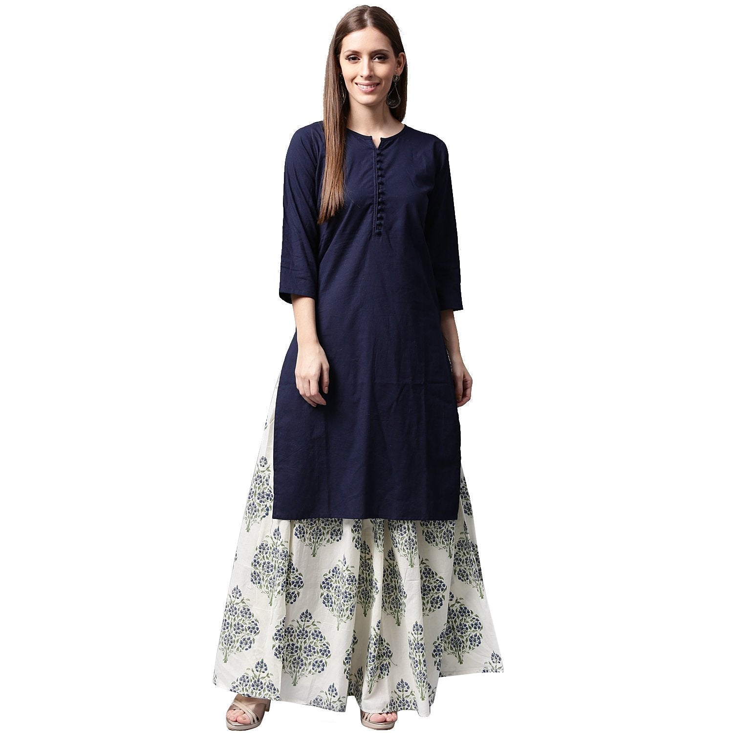 Blue 3/4Th Sleeve Cotton Kurta With White Printed Skirt | LASVINI - Redefining Indian Fashion with Elegance