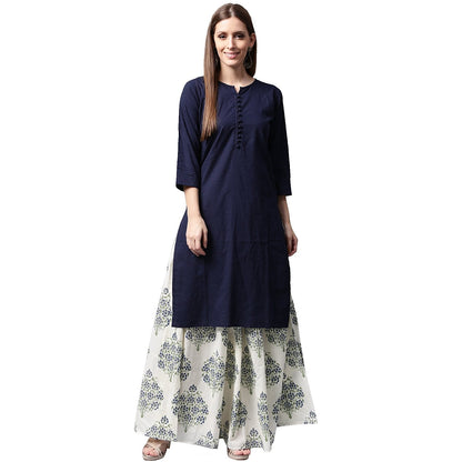 Blue 3/4Th Sleeve Cotton Kurta With White Printed Skirt | LASVINI - Redefining Indian Fashion with Elegance
