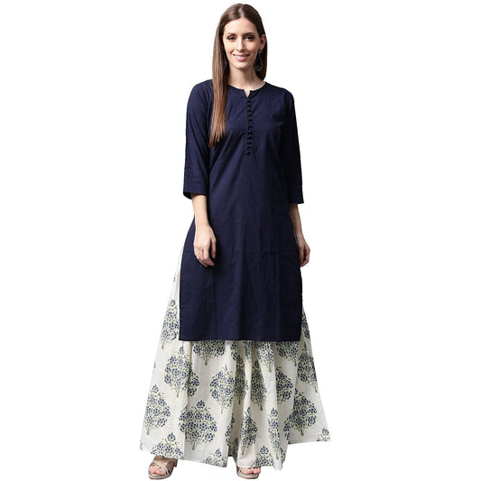 Blue 3/4Th Sleeve Cotton Kurta With White Printed Skirt | LASVINI - Redefining Indian Fashion with Elegance