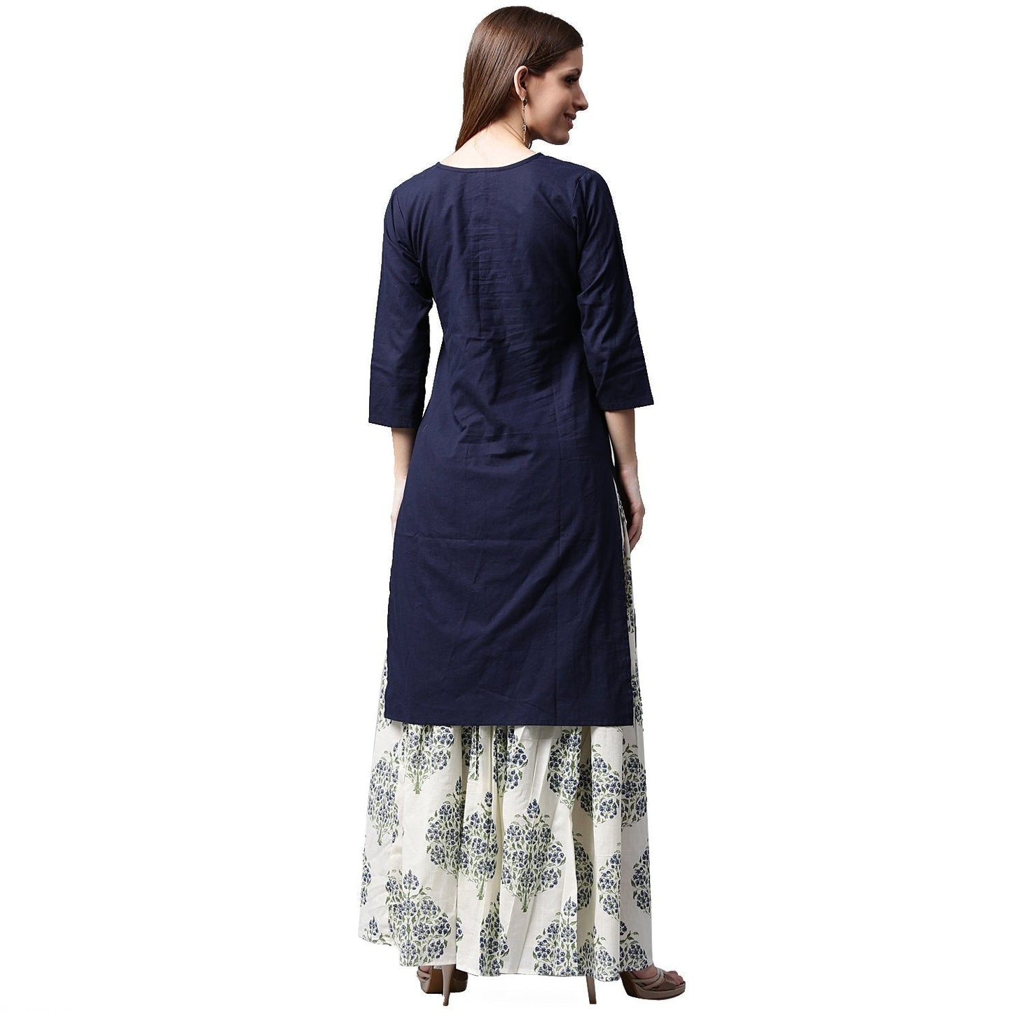Blue 3/4Th Sleeve Cotton Kurta With White Printed Skirt | LASVINI - Redefining Indian Fashion with Elegance