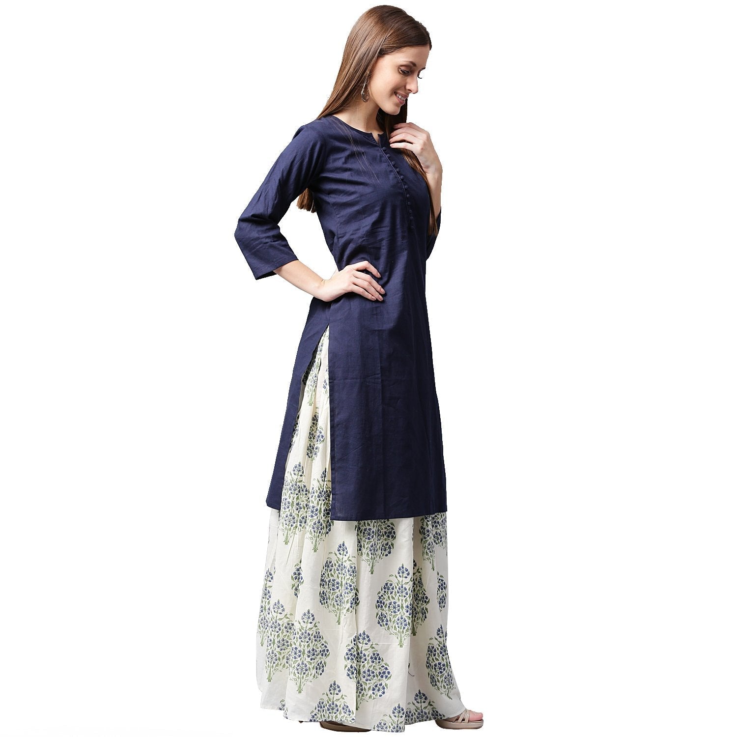 Blue 3/4Th Sleeve Cotton Kurta With White Printed Skirt | LASVINI - Redefining Indian Fashion with Elegance