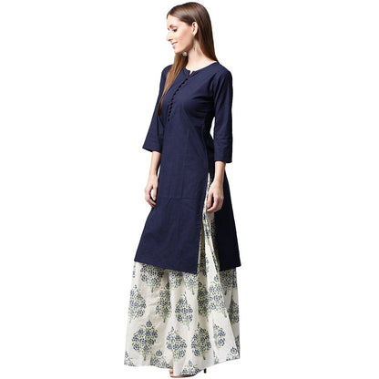 Blue 3/4Th Sleeve Cotton Kurta With White Printed Skirt | LASVINI - Redefining Indian Fashion with Elegance