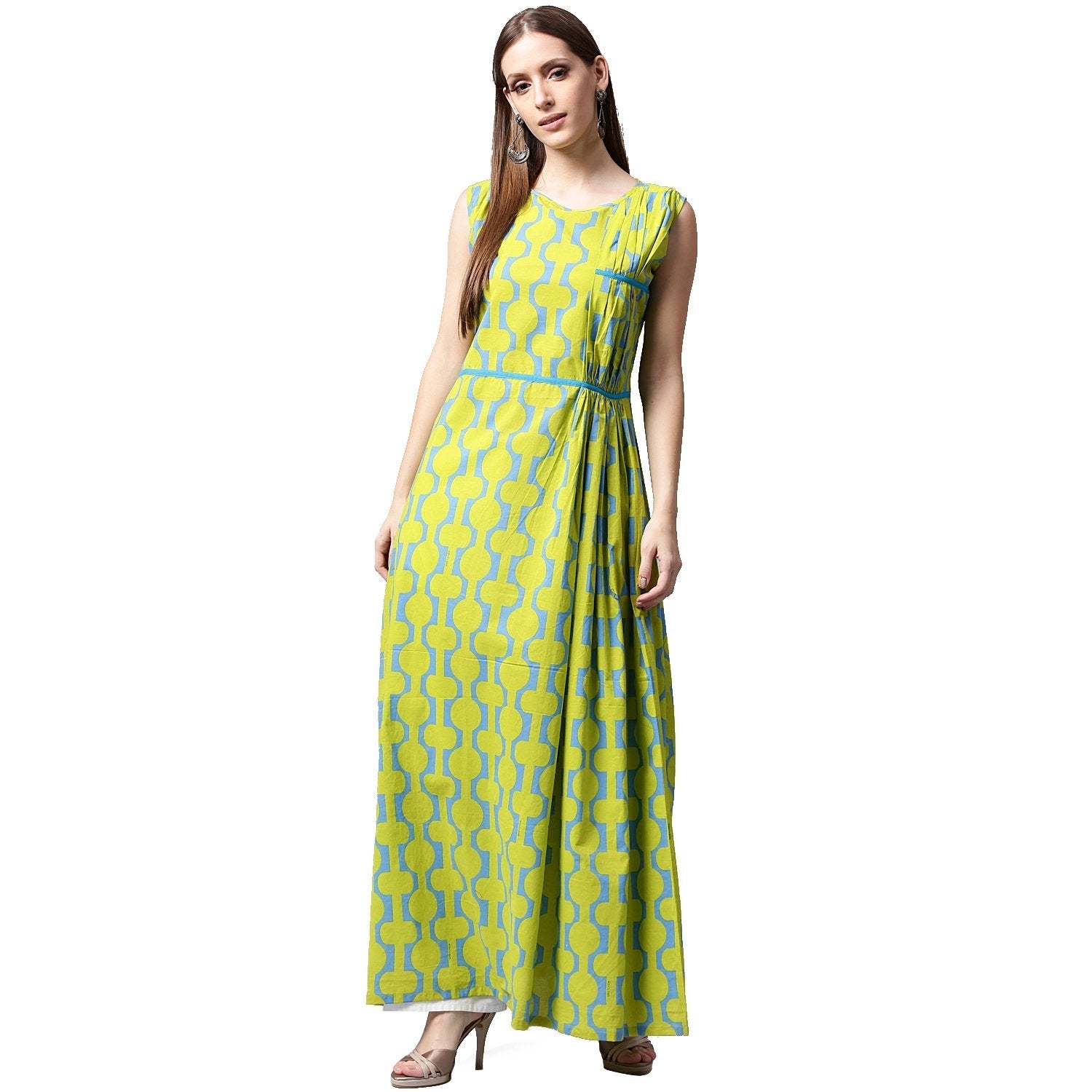 Green Printed Sleeveless Cotton A-Line Kurta | LASVINI - Redefining Indian Fashion with Elegance