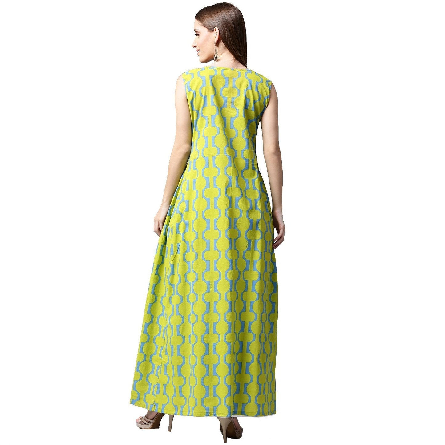 Green Printed Sleeveless Cotton A-Line Kurta | LASVINI - Redefining Indian Fashion with Elegance