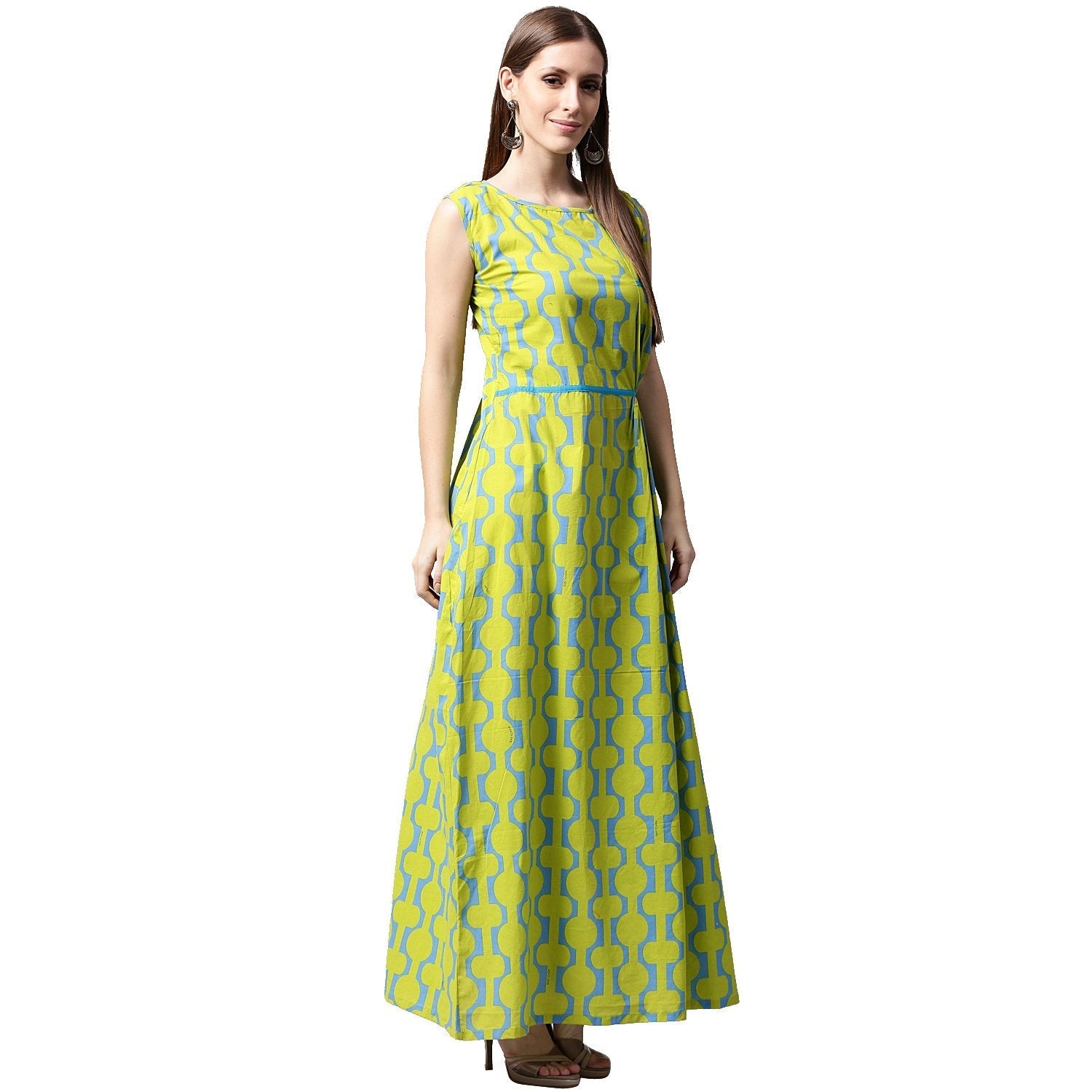 Green Printed Sleeveless Cotton A-Line Kurta | LASVINI - Redefining Indian Fashion with Elegance