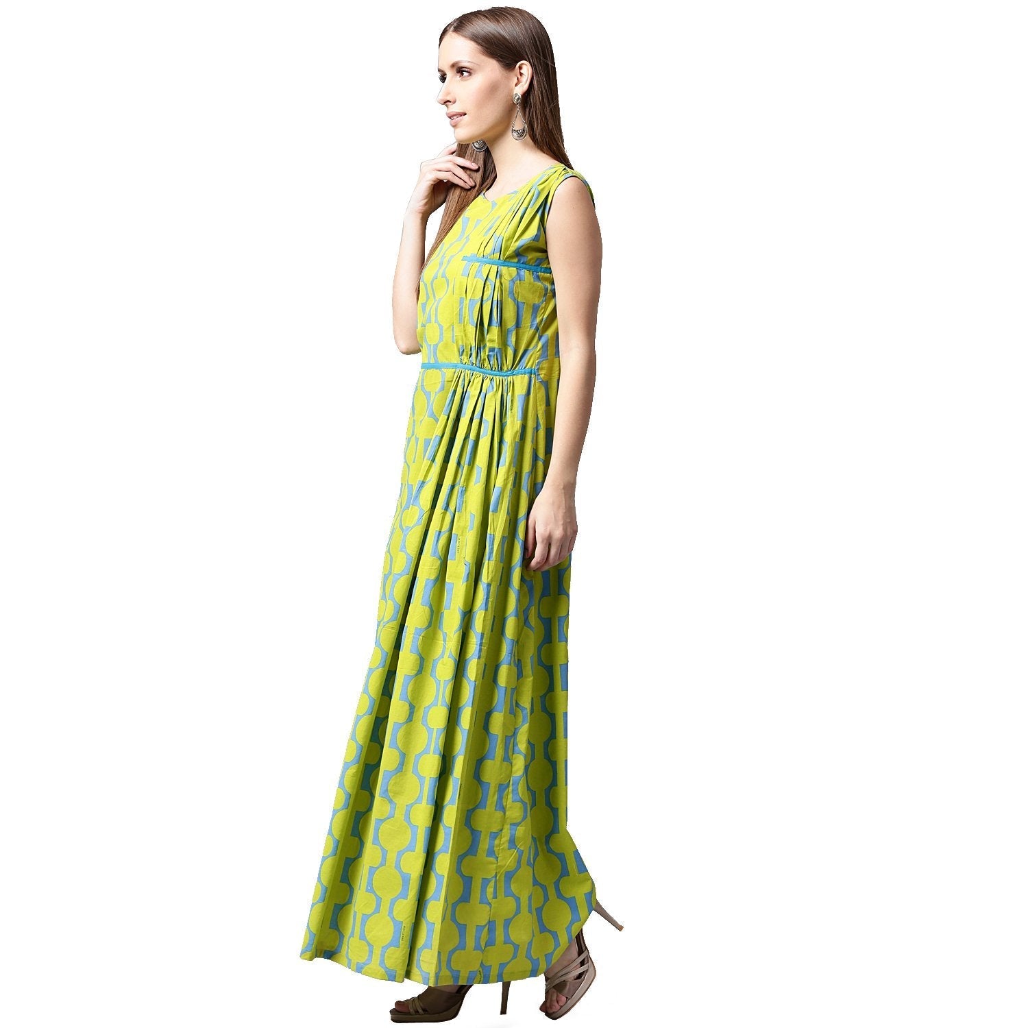 Green Printed Sleeveless Cotton A-Line Kurta | LASVINI - Redefining Indian Fashion with Elegance