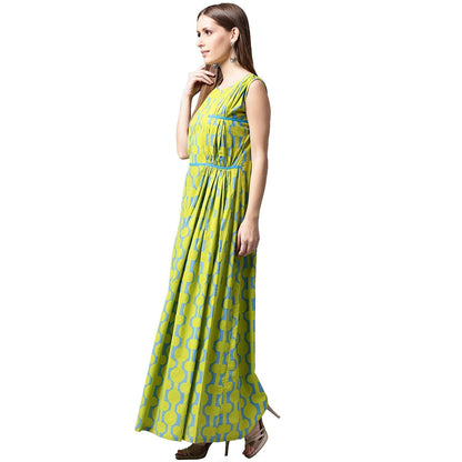 Green Printed Sleeveless Cotton A-Line Kurta | LASVINI - Redefining Indian Fashion with Elegance