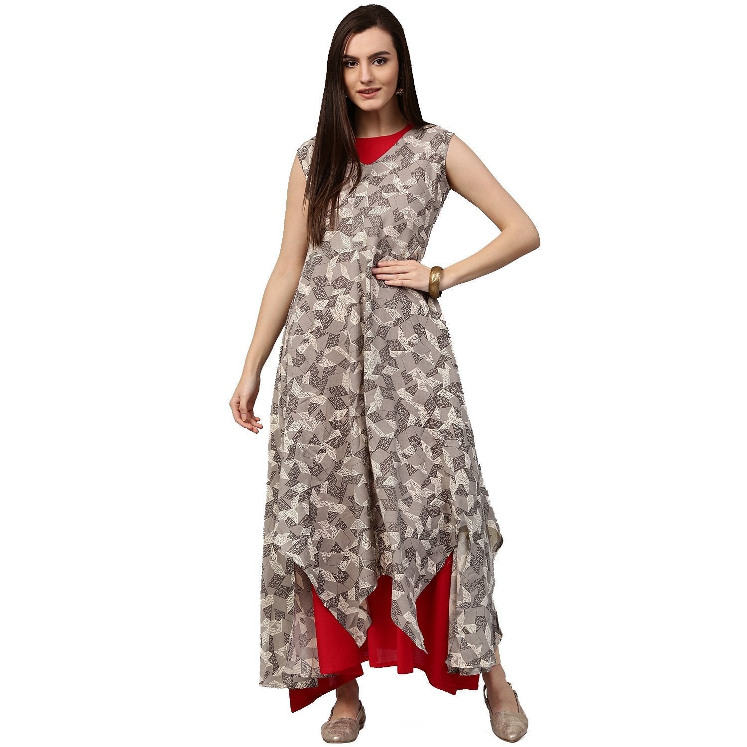 Grey Printed Sleeveless Cotton Assymetric Double Layer Kurta | LASVINI - Redefining Indian Fashion with Elegance
