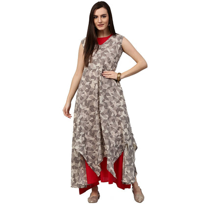 Grey Printed Sleeveless Cotton Assymetric Double Layer Kurta | LASVINI - Redefining Indian Fashion with Elegance