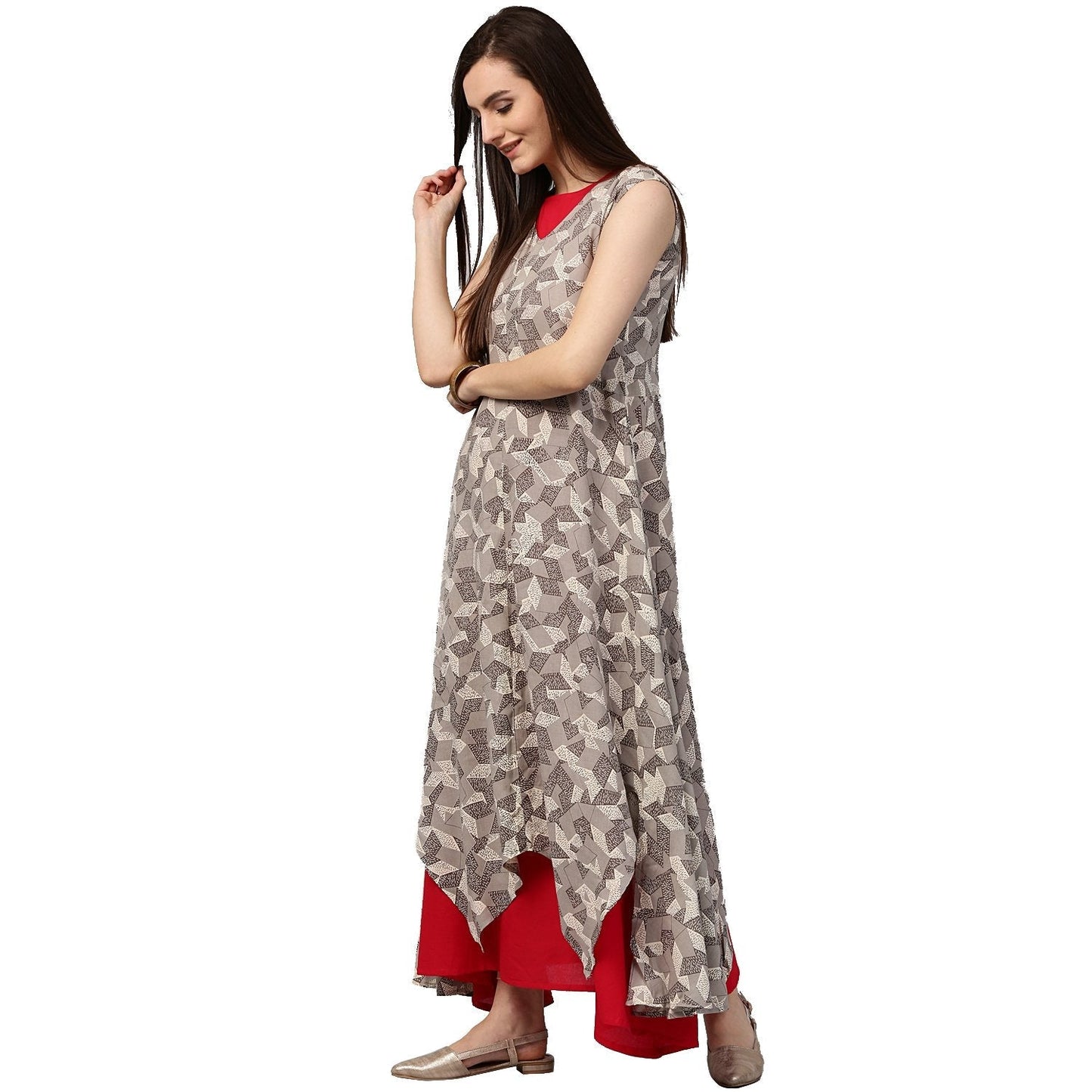 Grey Printed Sleeveless Cotton Assymetric Double Layer Kurta | LASVINI - Redefining Indian Fashion with Elegance